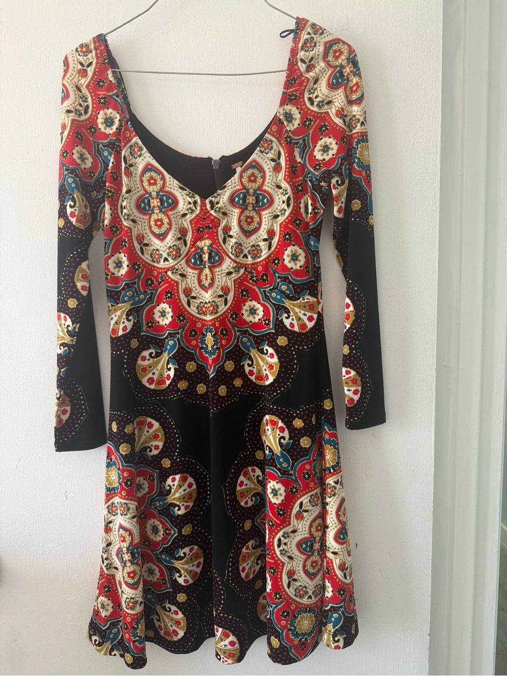 Free People Long-Sleeve Scoop Dress in Red, Black, Cream